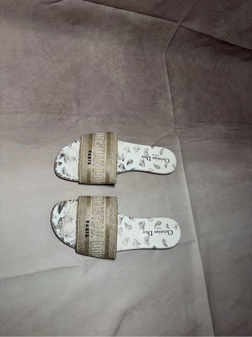 Dior Metallic Gold Logo Slide Sandals